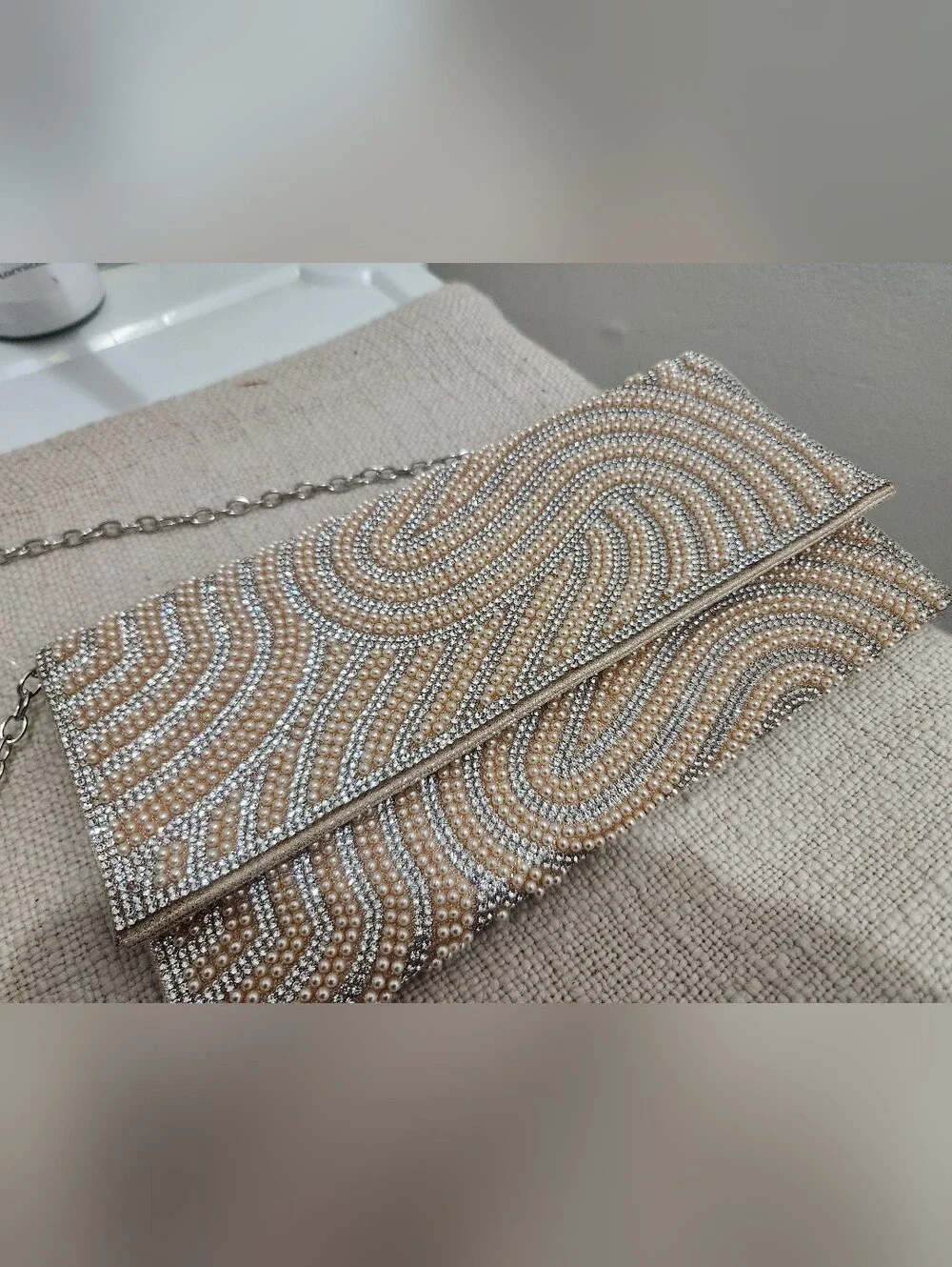 Pearl Embellished Clutch Bag in Champagne and Silver - Picture 2 of 10
